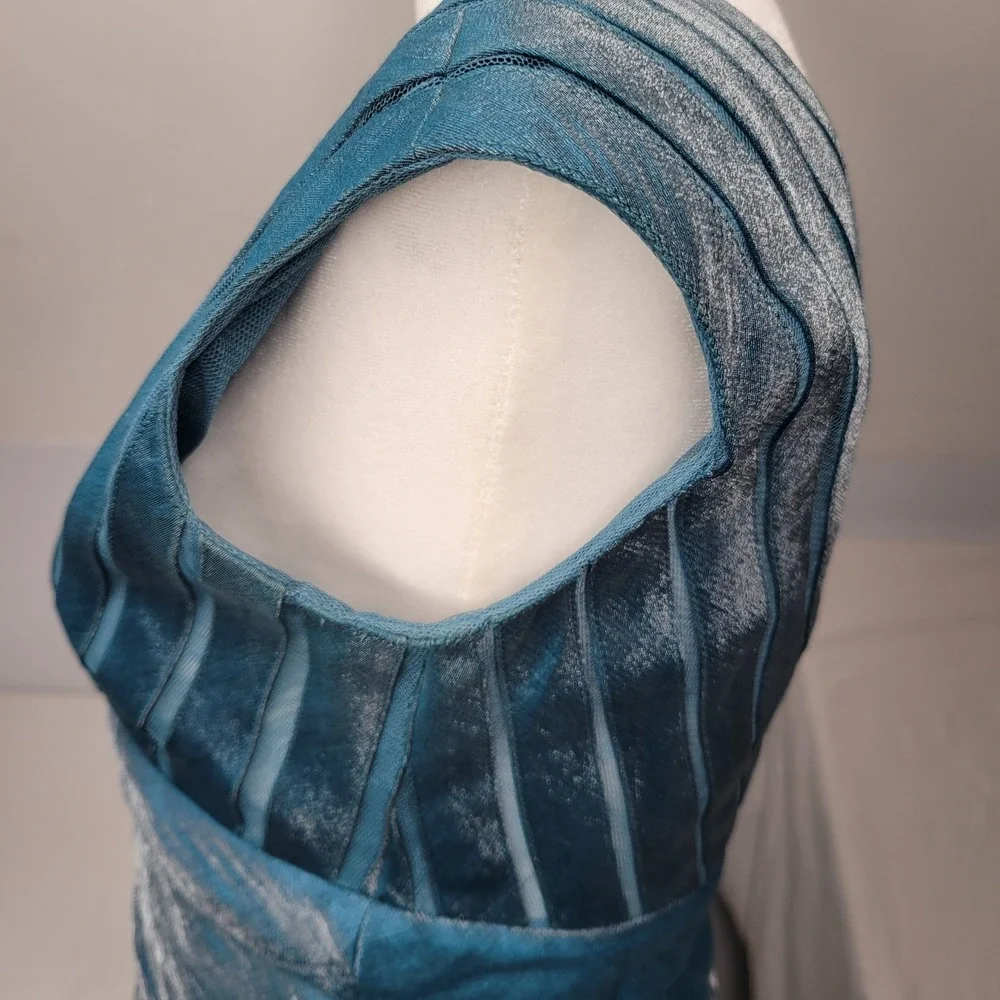 Adrianna Papell Petite Teal Blue Tiered Cocktail Party Dress 4P Shimmery Mermaid - Picture 6 of 12